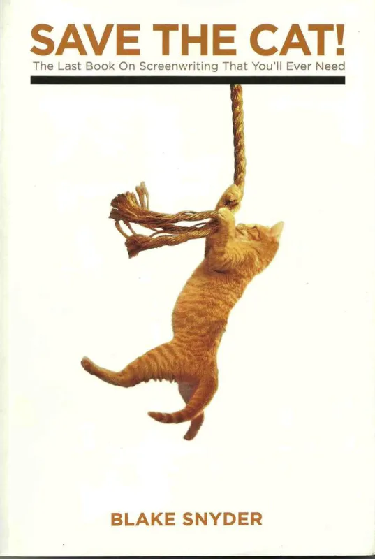 White book cover with an orange tabby kitten hanging from a frayed rope, the title Save the Cat! in orange capitals above it and Blake Snyder's name below