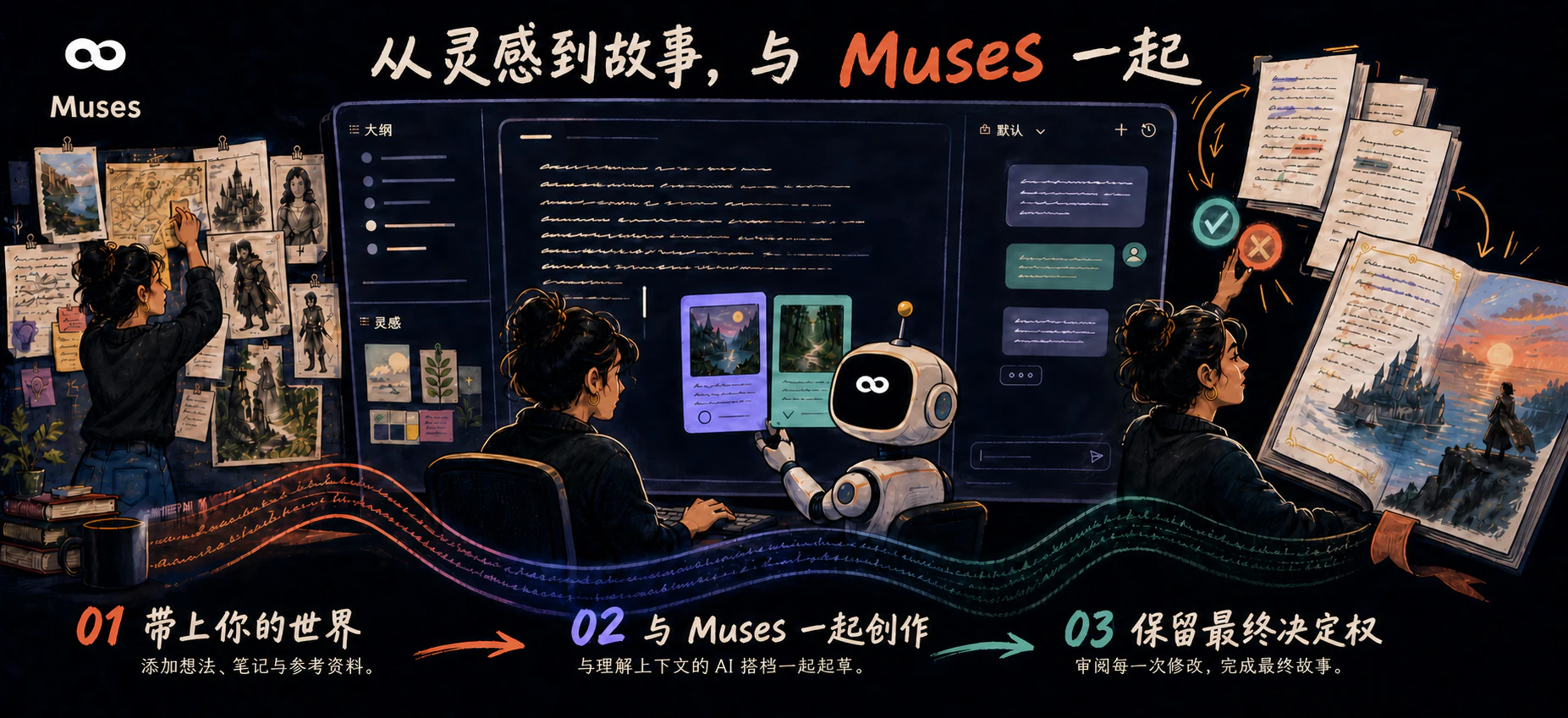 从灵感到故事，与 Muses 一起。01 带上你的世界：添加想法、笔记与参考资料。02 与 Muses 一起创作：与理解上下文的 AI 搭档一起起草。03 保留最终决定权：审阅每一次修改，完成最终故事。